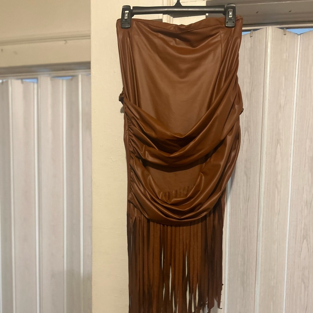 Faux Leather Brown Assymetrical Skirt with Fringe